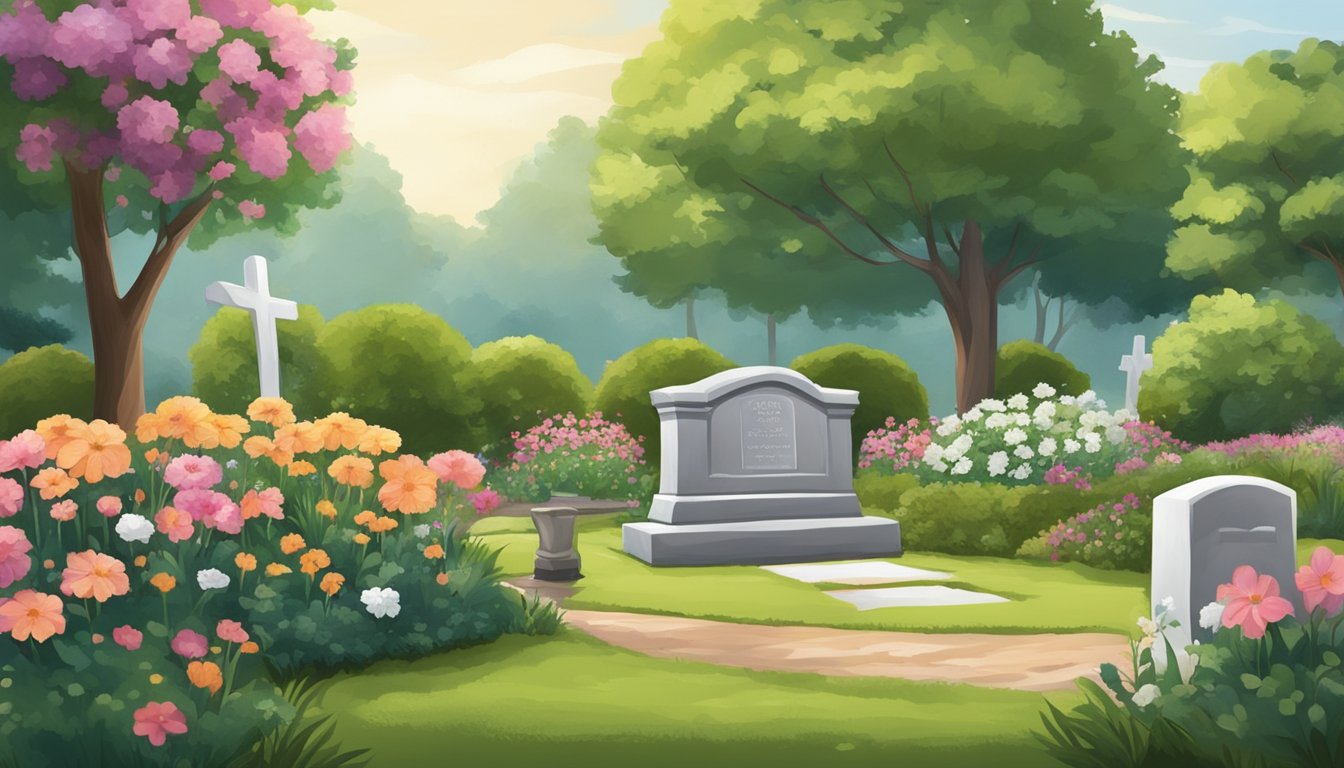 A serene garden with a pet's grave marked by a headstone, surrounded by flowers and a peaceful atmosphere