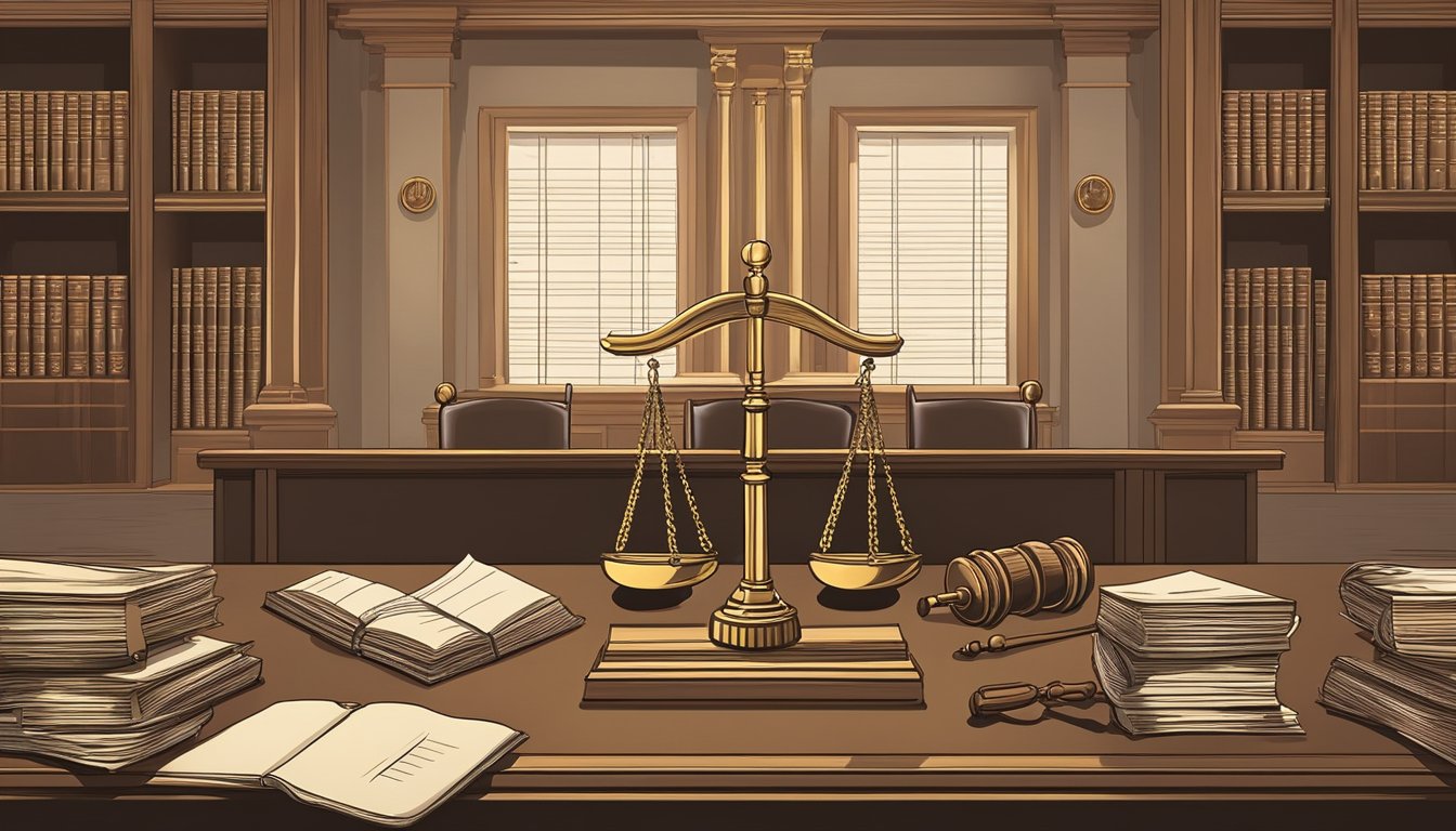 A courtroom with scales of justice and legal documents, framed by a gavel and law books, symbolizing the protection of intellectual property rights for the deceased