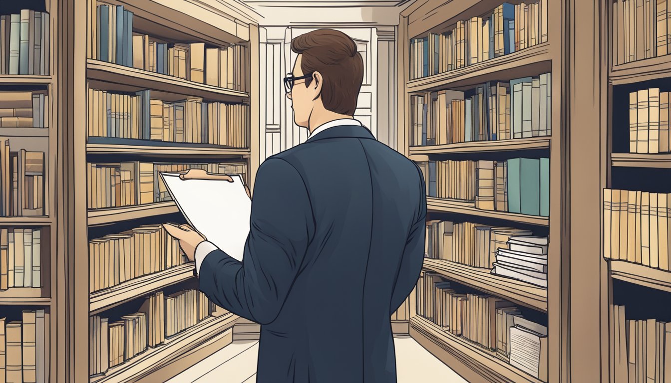 A lawyer standing before a large bookshelf, holding a legal document and pointing to a diagram of intellectual property rights