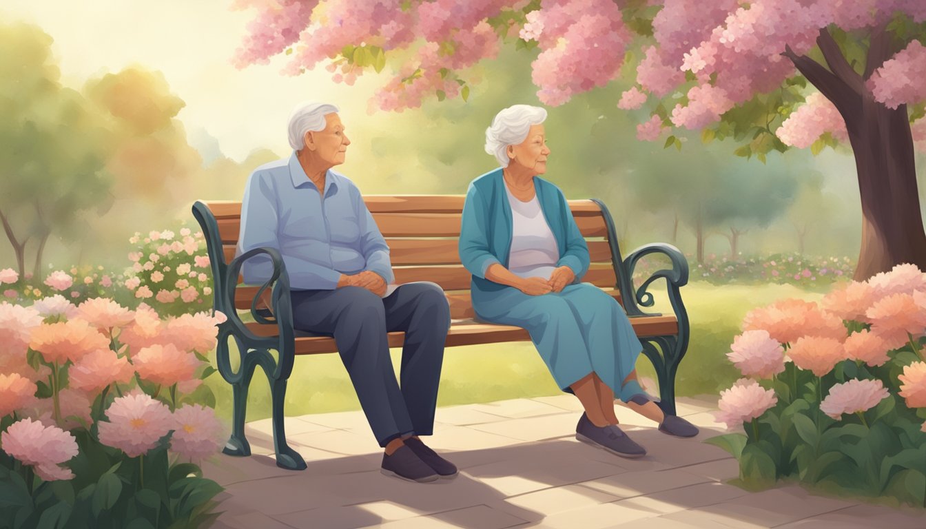 A serene elderly couple sitting on a park bench, surrounded by blooming flowers and a gentle breeze. A warm, comforting atmosphere