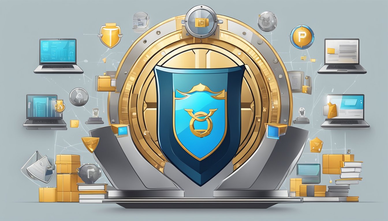 A digital platform surrounded by a shield, guarding a collection of intellectual property symbols