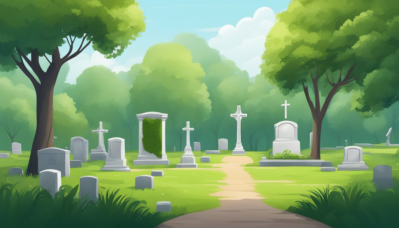 A serene cemetery with a solitary gravestone, surrounded by lush greenery and a peaceful atmosphere