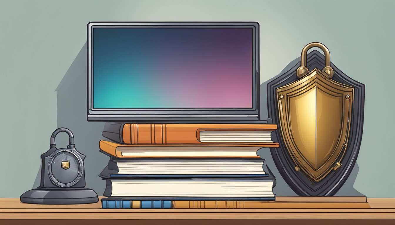 A shield and a lock guarding a stack of books and a computer