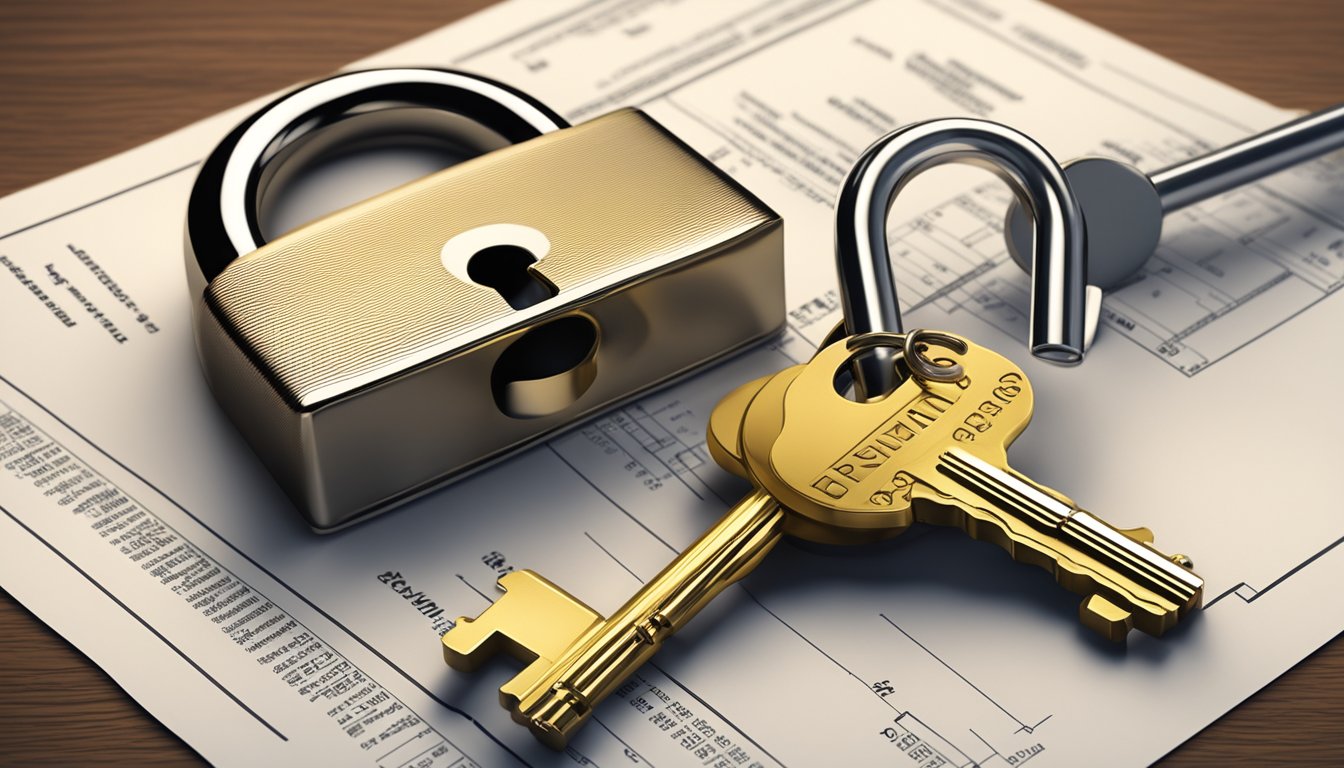 A lock and key symbolizing protection of intellectual property rights, surrounded by financial and legal documents