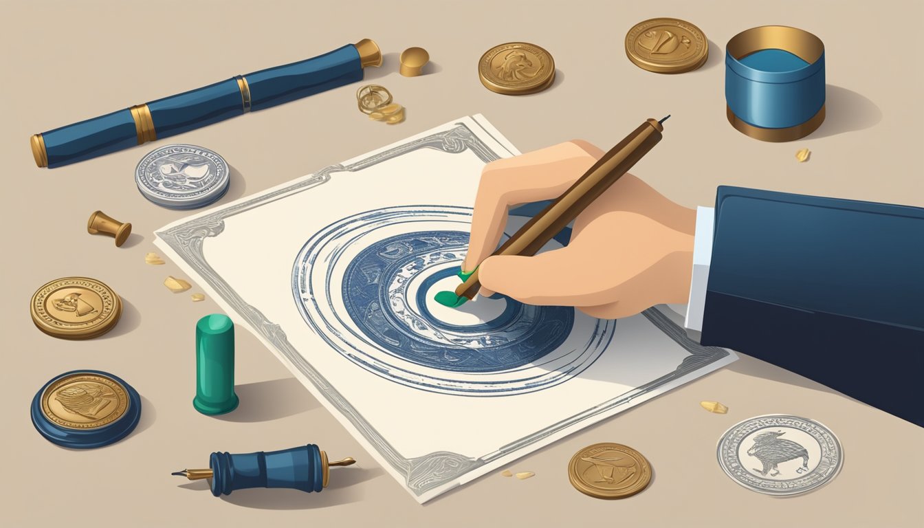 A figure sealing a document with a wax stamp, surrounded by symbols of creativity and protection