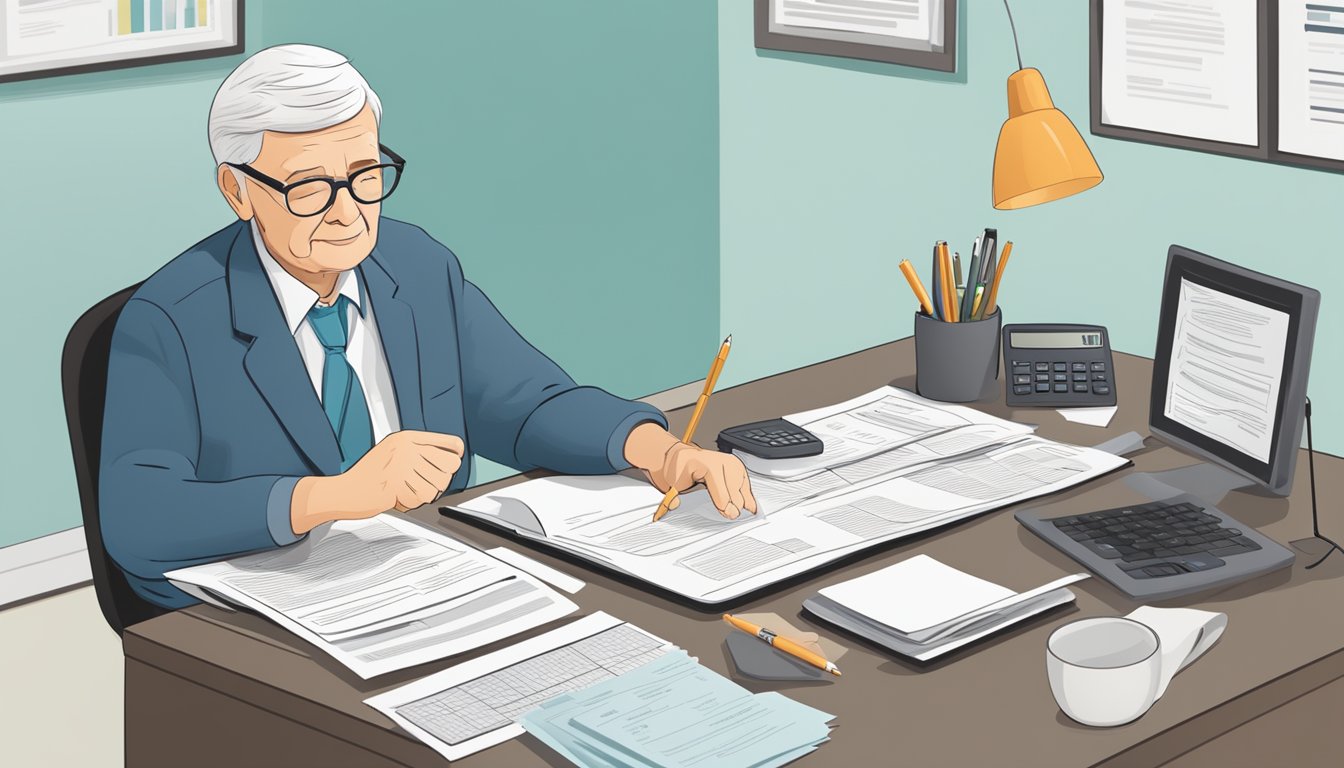 An elderly person sitting at a desk with paperwork, a calculator, and a pen, surrounded by insurance documents and a brochure about burial insurance