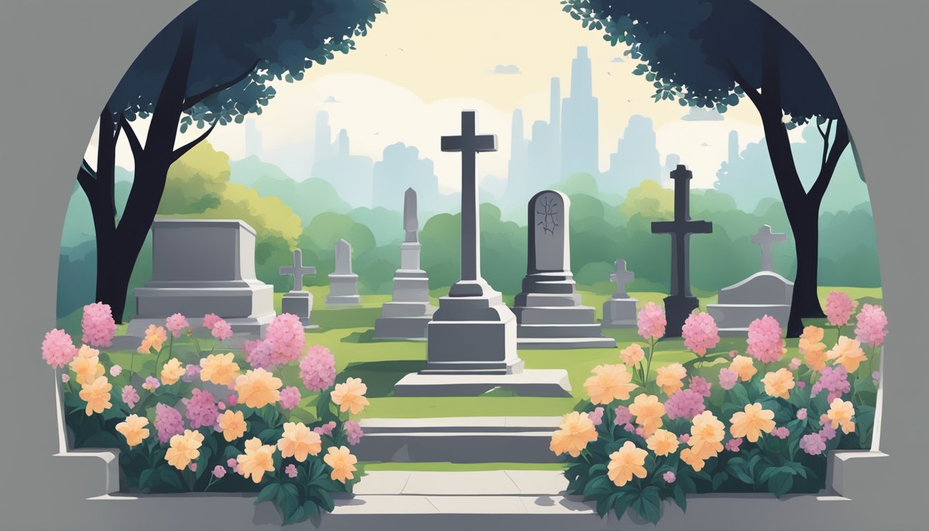 A serene and peaceful cemetery with a solitary tombstone surrounded by blooming flowers and a gentle breeze