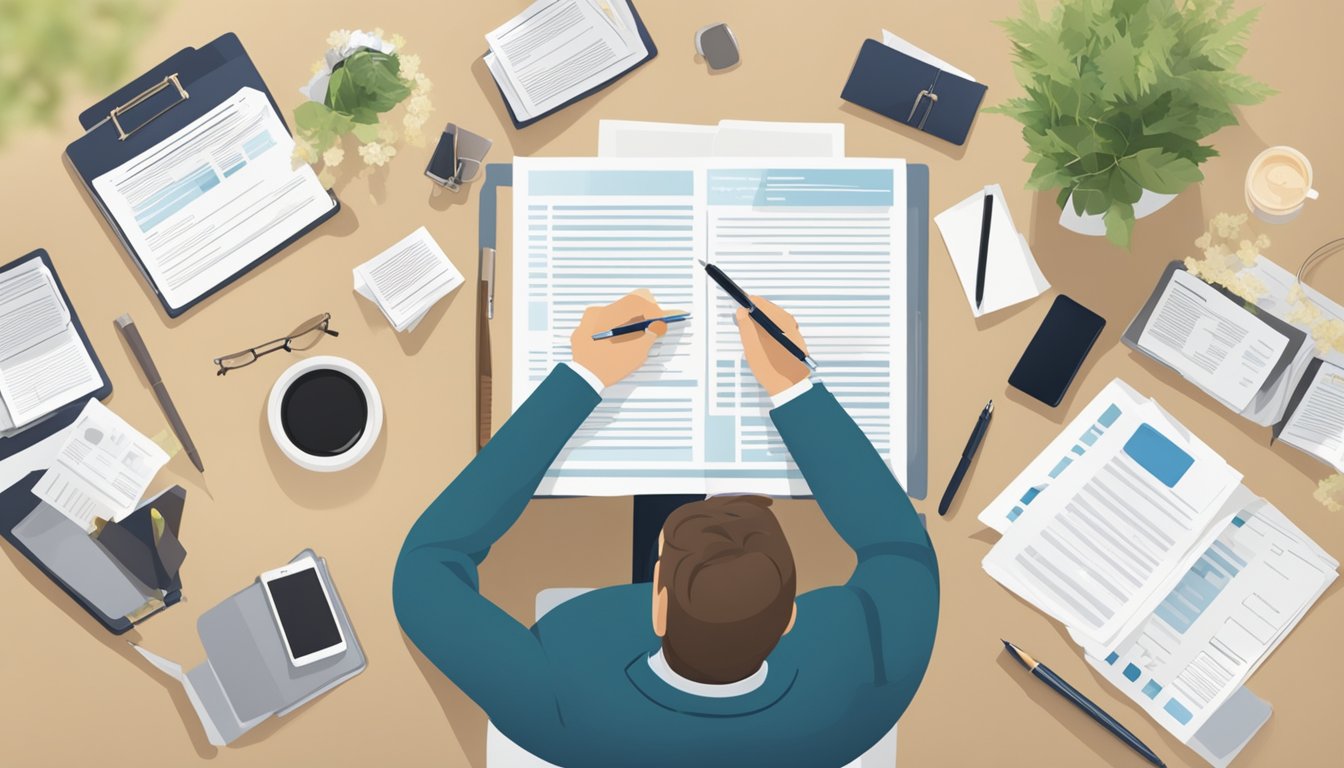 A person sitting at a desk, filling out a form with a pen, surrounded by legal documents and a brochure about funeral insurance