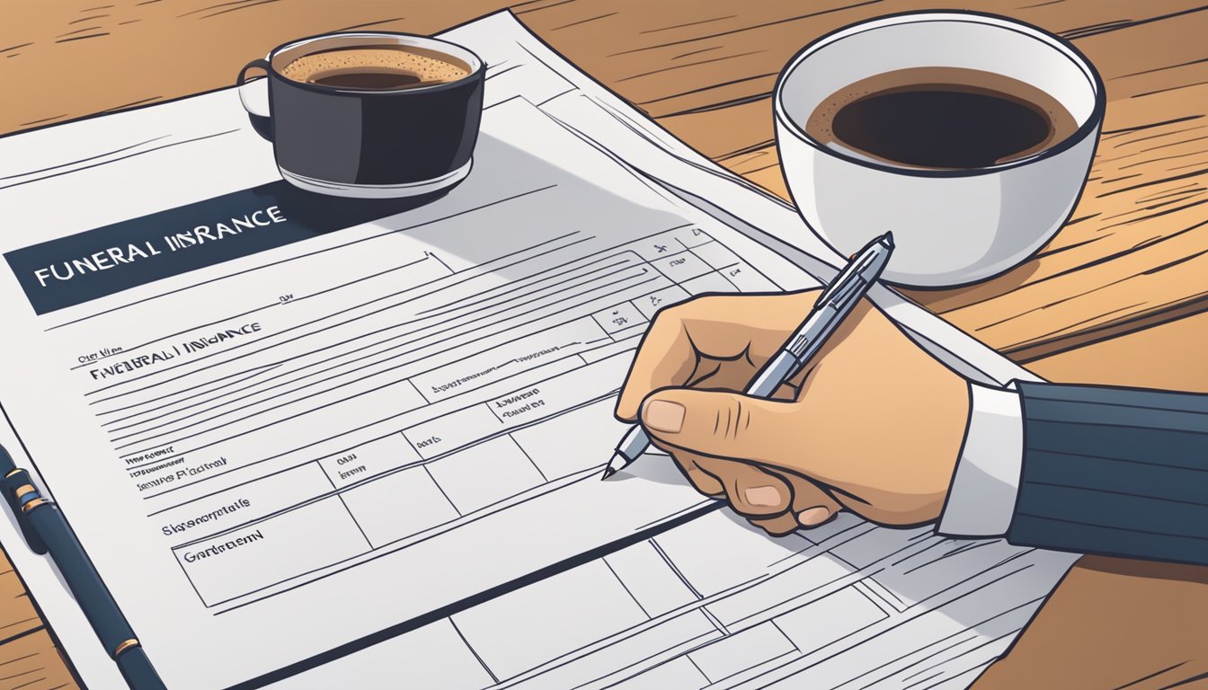 A hand holding a pen, filling out a funeral insurance form on a wooden desk with a cup of coffee nearby