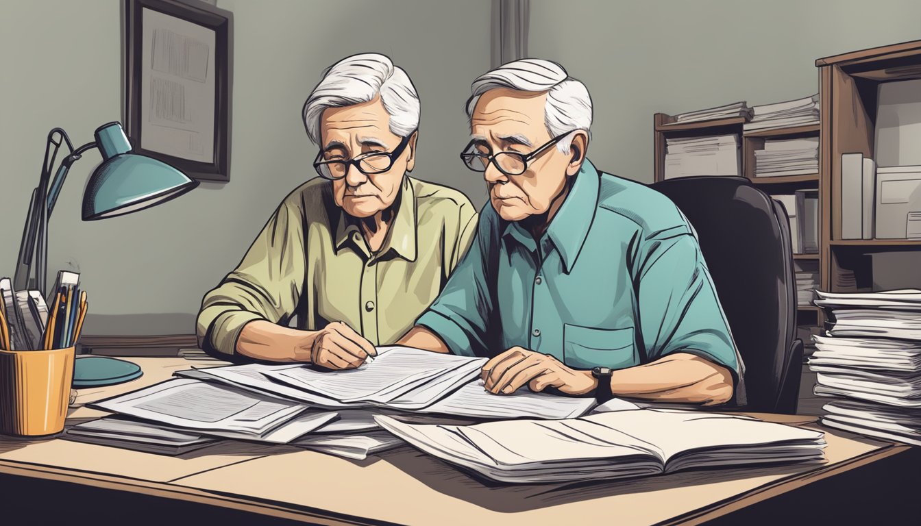 An elderly person sitting at a desk, surrounded by paperwork and insurance documents. They are deep in thought, considering their options for burial insurance