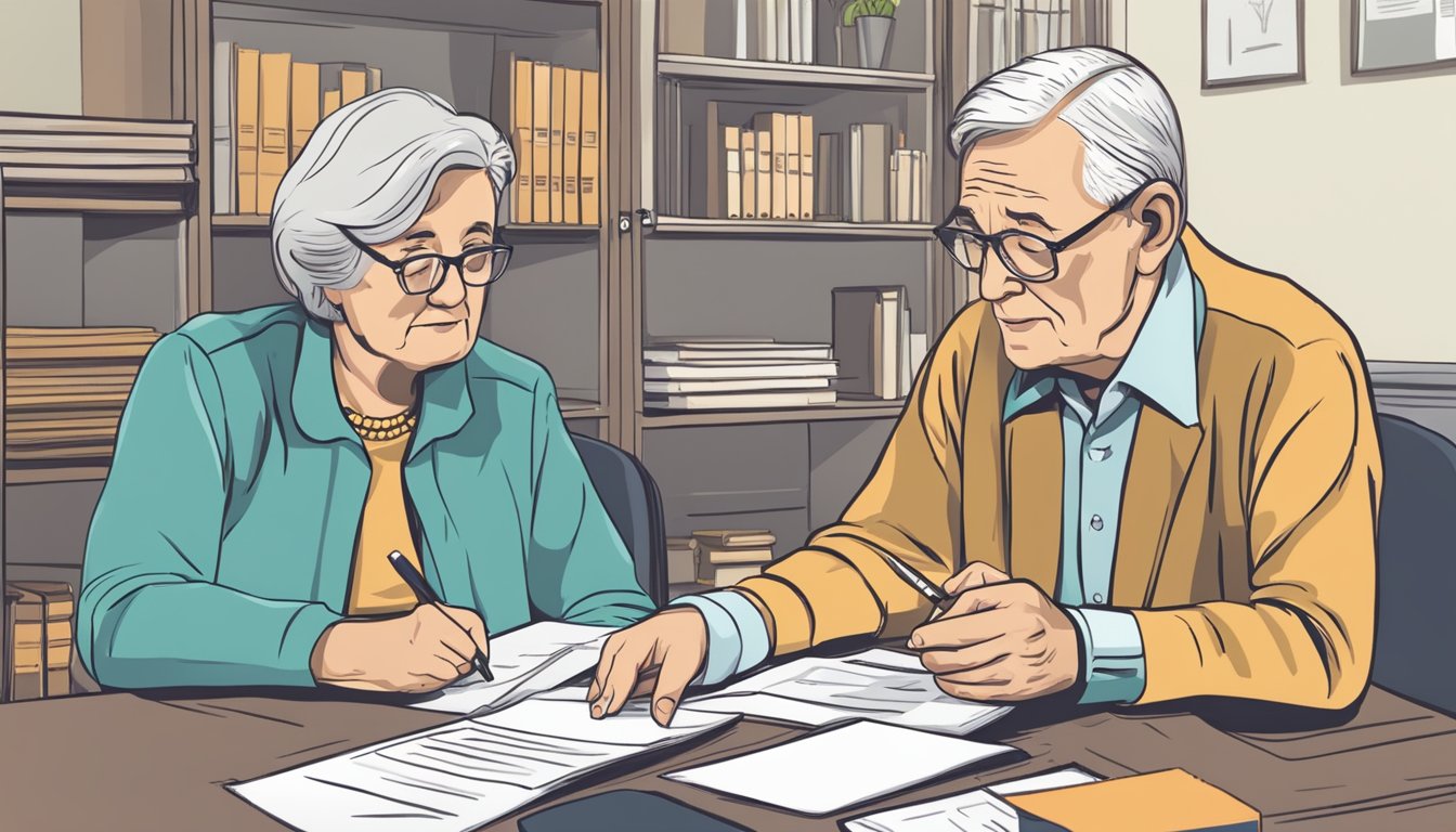 An elderly person sitting at a desk, surrounded by paperwork and speaking with a representative about burial insurance options