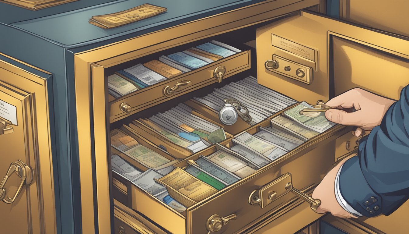 A person uses a key to open a safe deposit box, revealing a collection of important documents and sentimental items