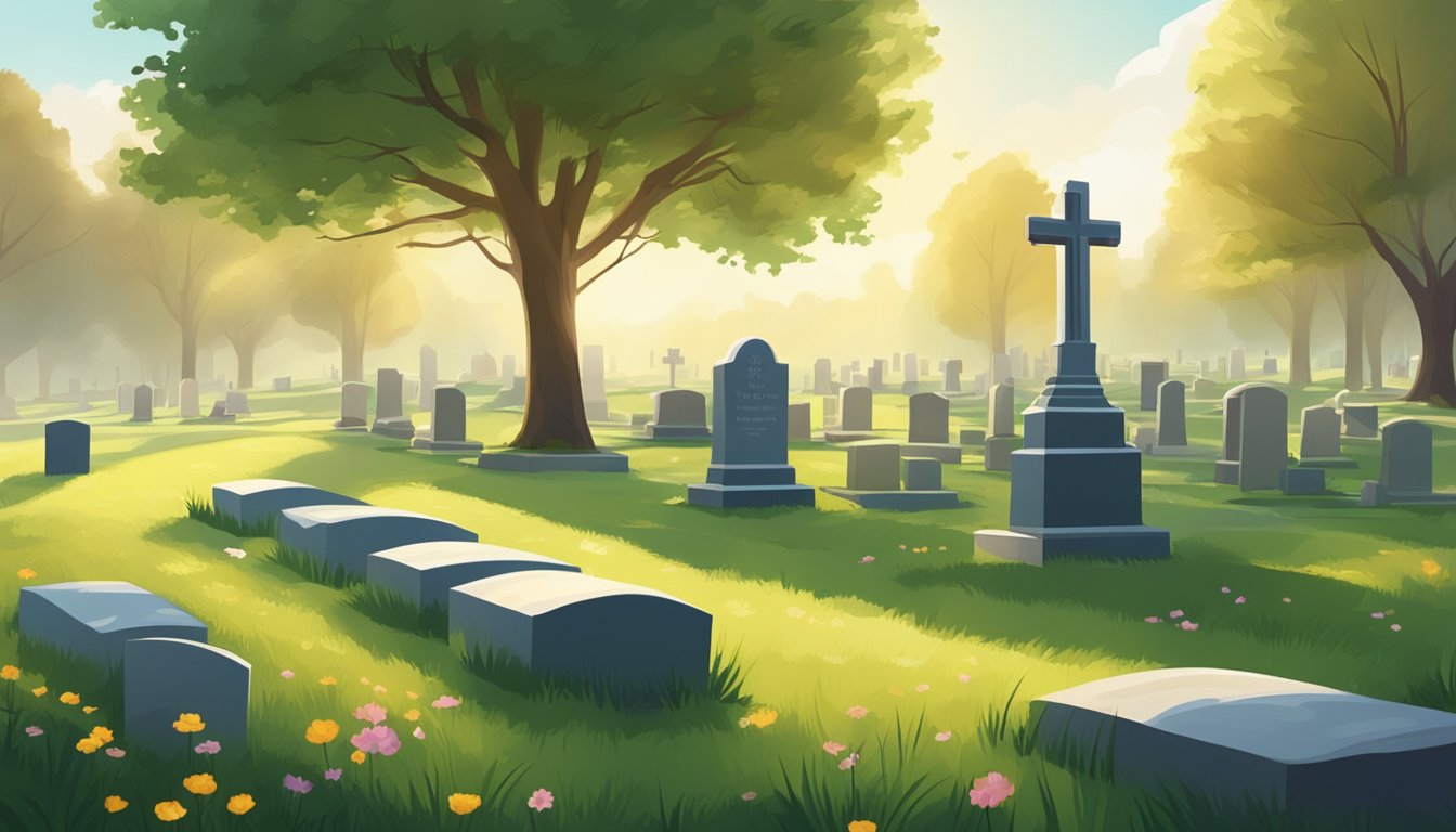 A serene cemetery with a sunlit meadow, gravestones, and a peaceful atmosphere, representing the concept of burial insurance