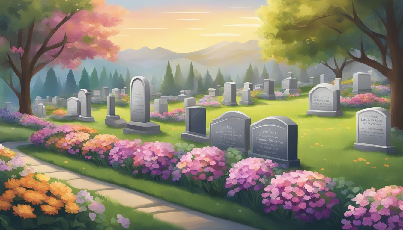 A serene cemetery with colorful flowers and a peaceful atmosphere, with a variety of burial insurance plan options displayed on a sign