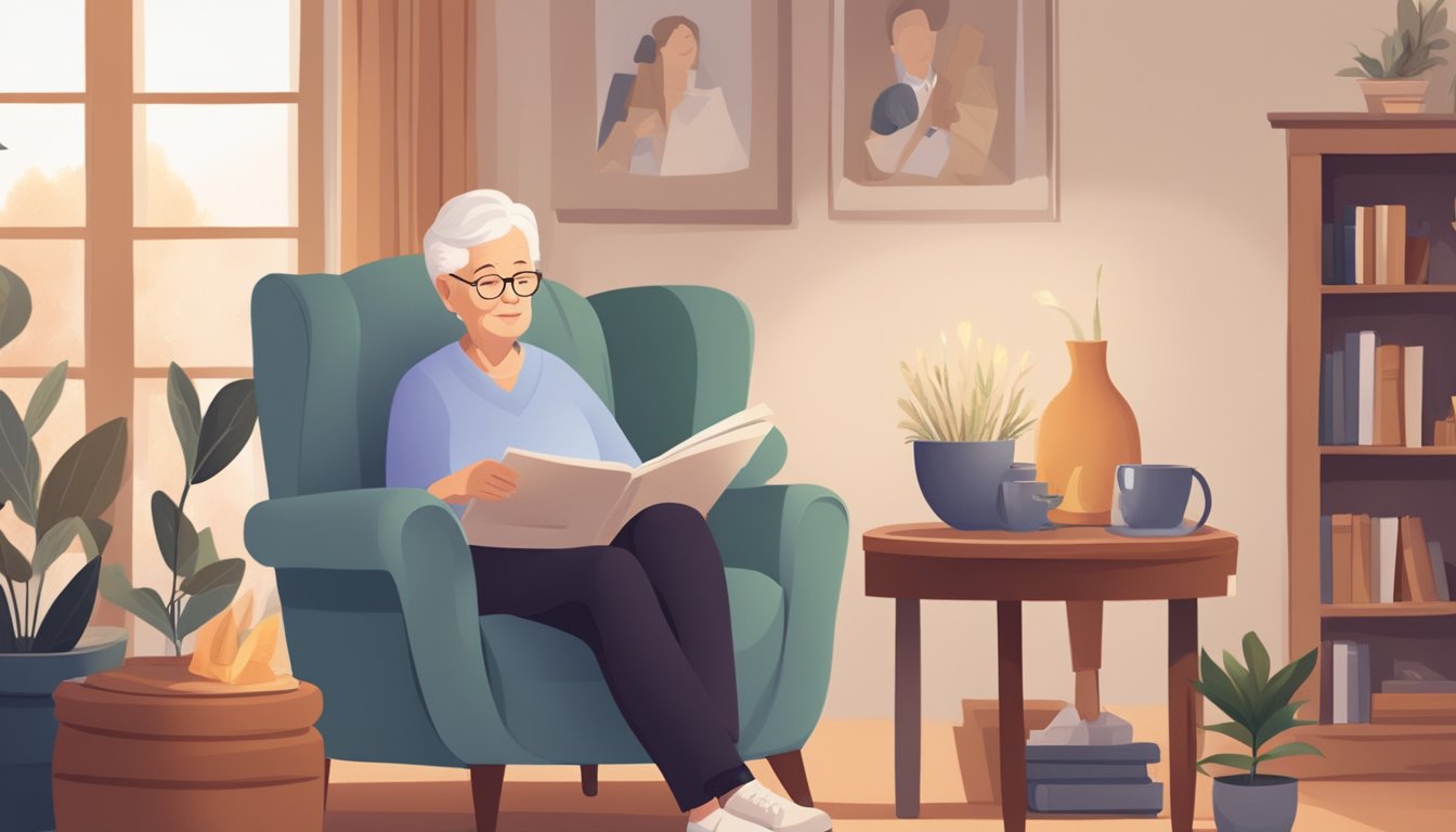 A serene elderly person sitting in a cozy armchair, surrounded by family photos and a warm blanket, while discussing burial insurance with a compassionate insurance agent