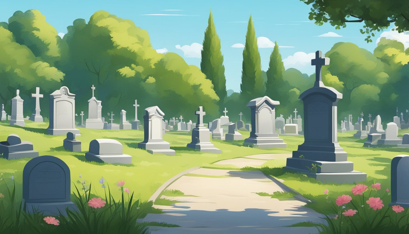 A serene cemetery with gravestones under a clear blue sky, surrounded by peaceful greenery