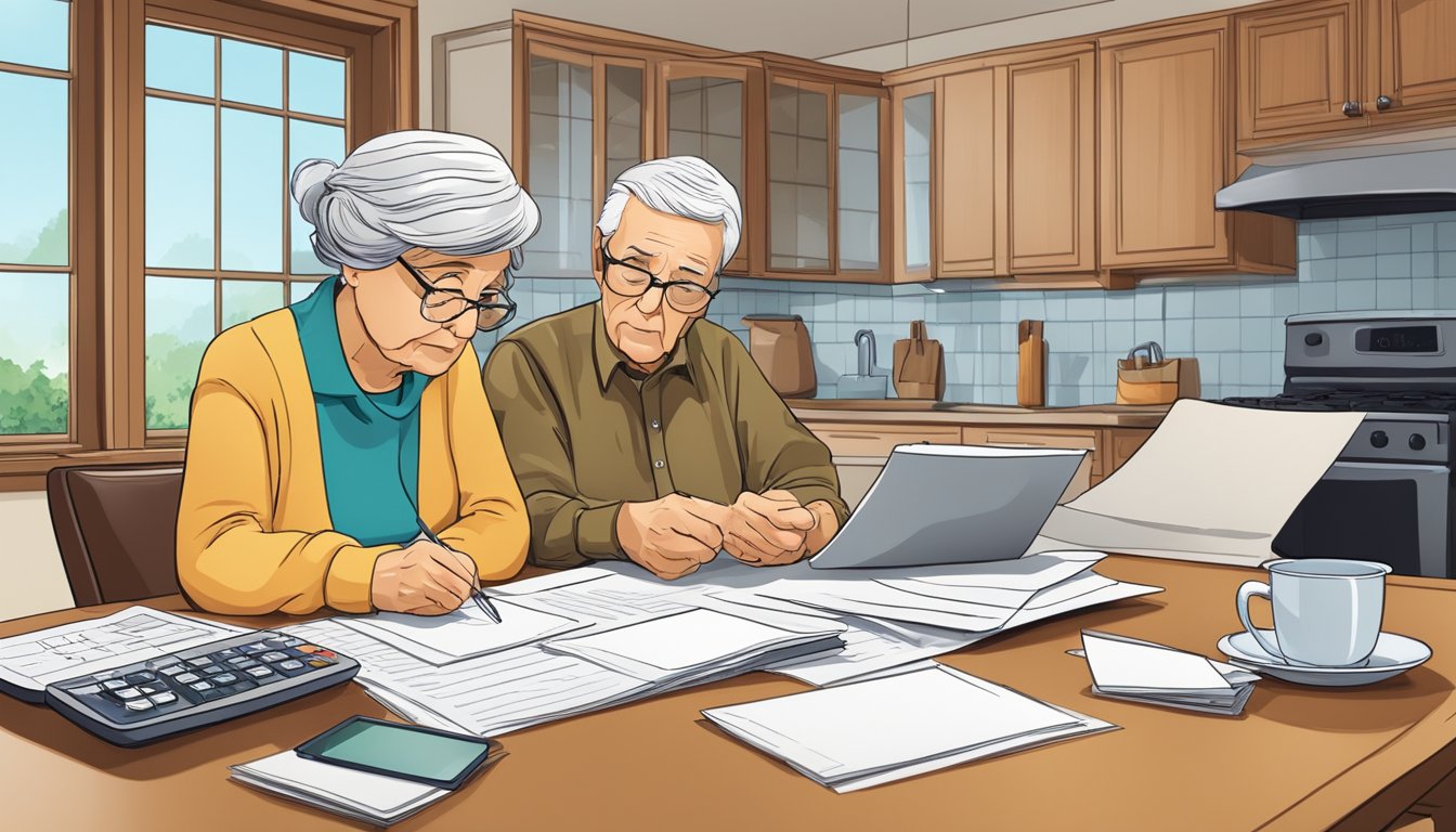 An elderly couple sits at a kitchen table, reviewing paperwork with a concerned expression. A stack of papers and a calculator are scattered in front of them