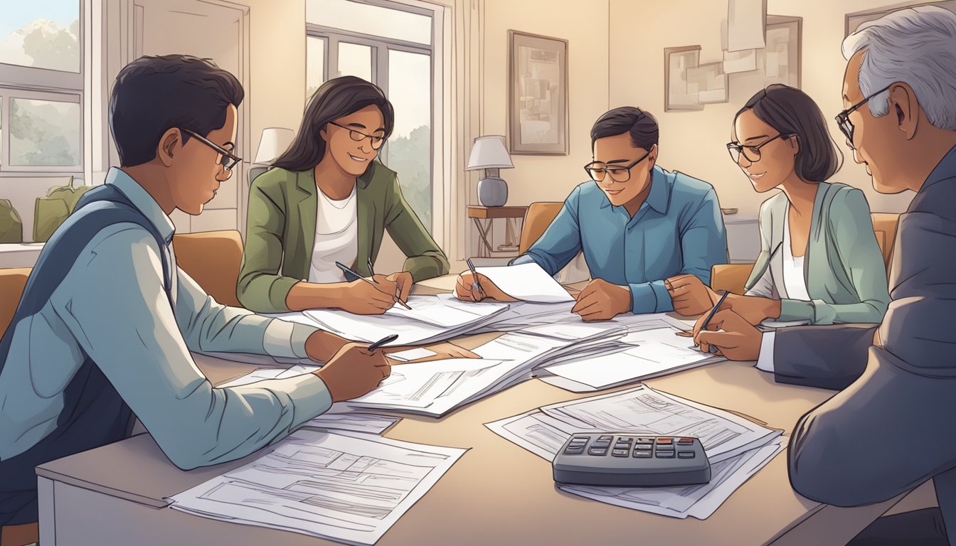 A family sitting around a table, signing documents with a stack of papers and a calculator in the foreground