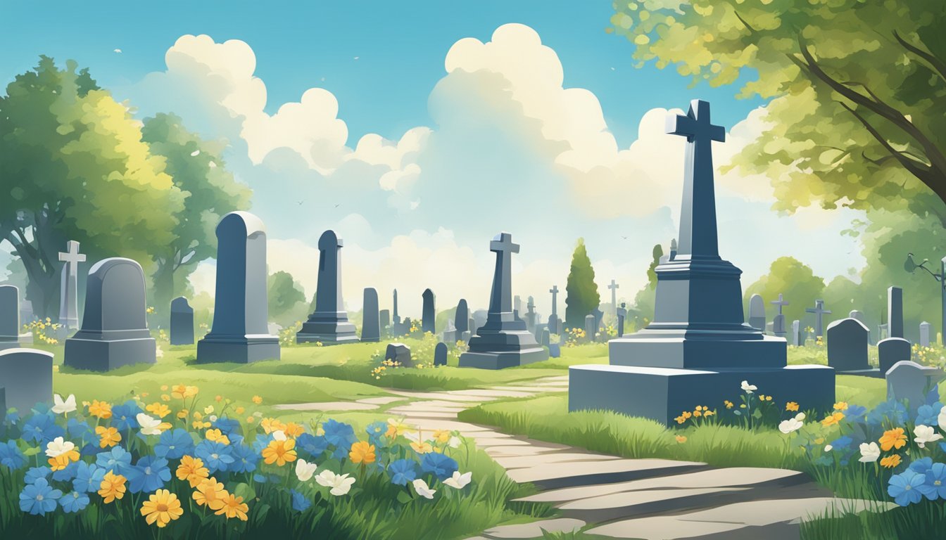 A serene cemetery with gravestones and flowers, under a blue sky