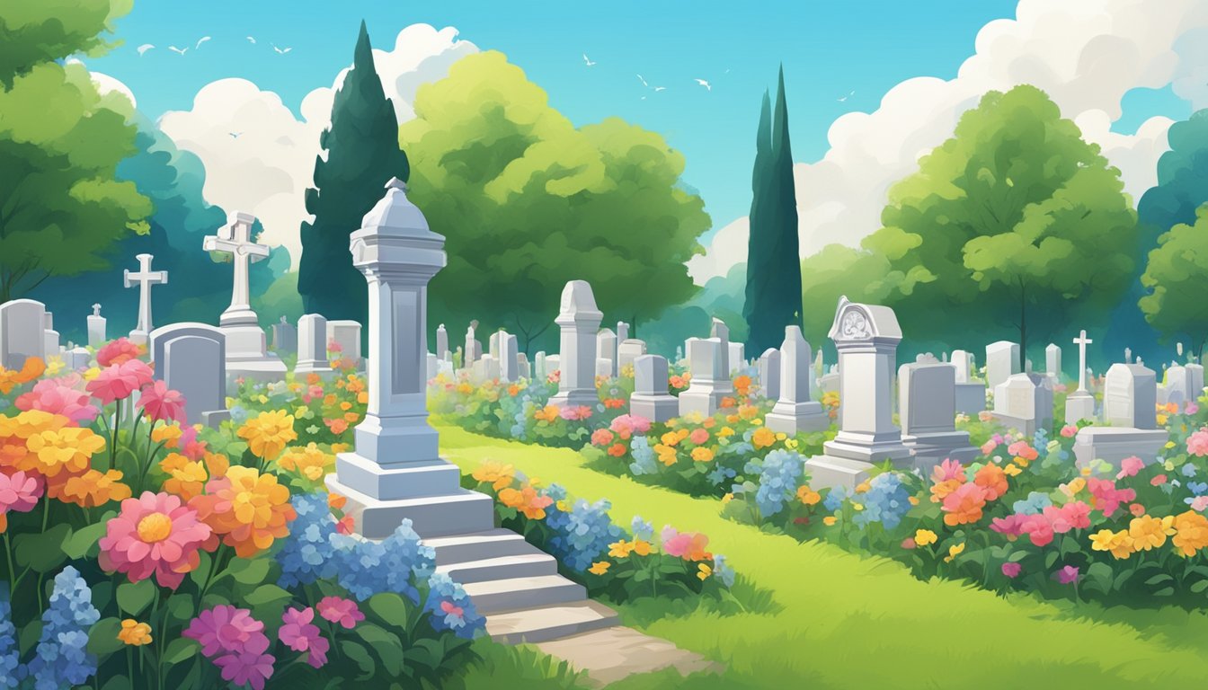 A peaceful cemetery with rows of gravestones under a clear blue sky, surrounded by lush greenery and colorful flowers