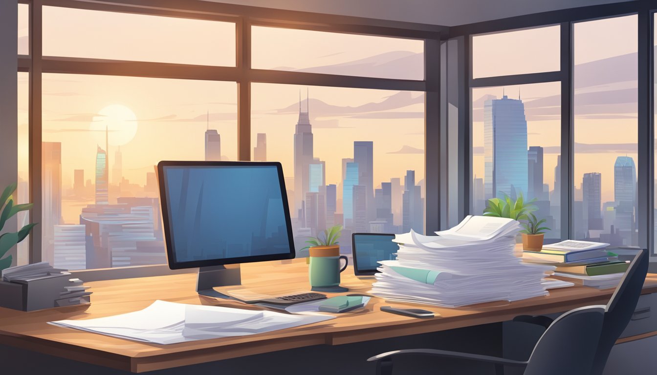 A desk with a stack of papers, a phone, and a computer. A calendar showing the current date. An open window with a view of a city skyline