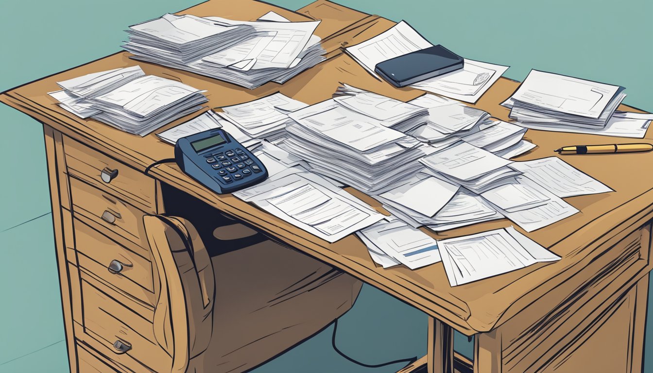 A desk with scattered papers and a phone off the hook. A stack of envelopes marked "creditors" sits next to a legal document