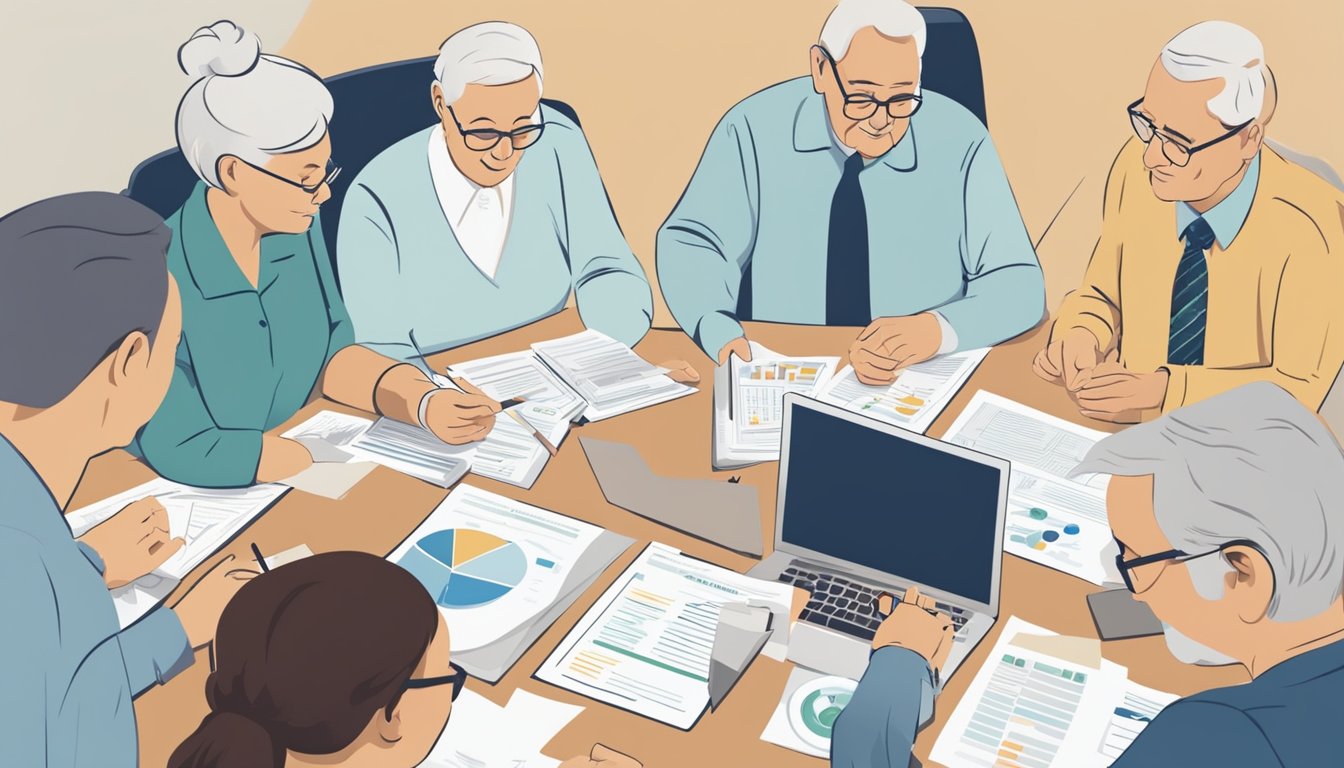 A group of elderly individuals sit around a table, comparing burial insurance plans. Charts and graphs are spread out, showing the costs and benefits of different providers