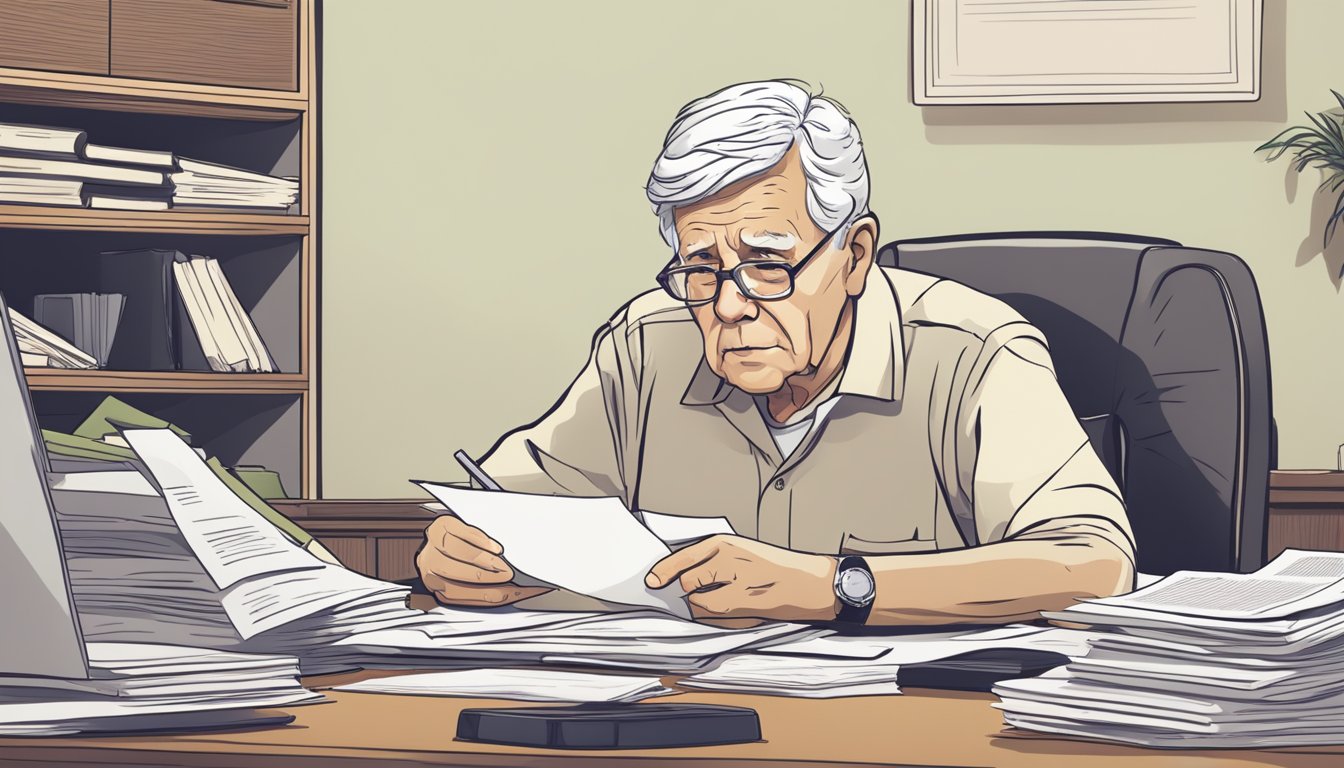 An elderly person sitting at a desk surrounded by paperwork, with a concerned expression while reviewing burial insurance options