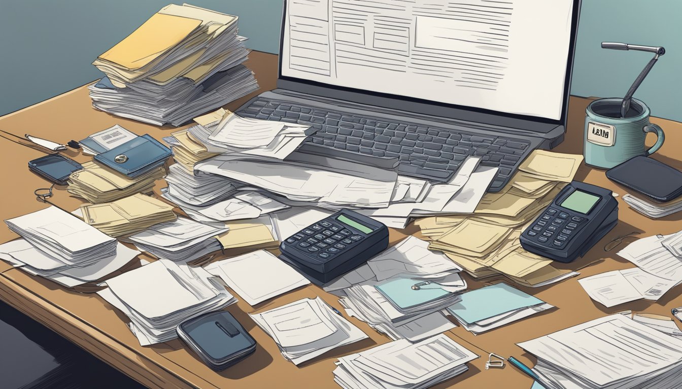 A desk cluttered with paperwork, a phone off the hook, and a stack of government-issued IDs scattered across the surface