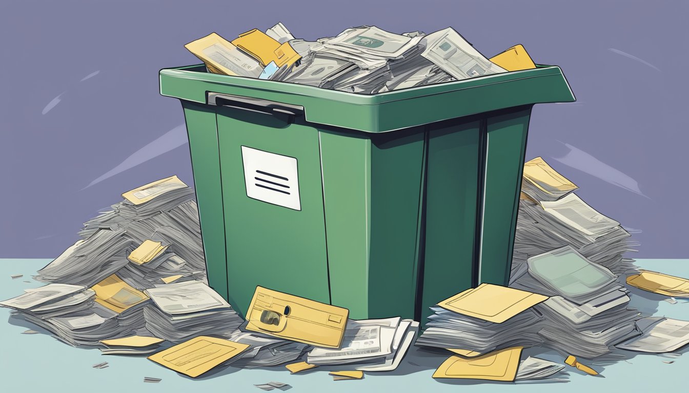 A stack of government-issued IDs and documents being shredded and disposed of in a secure bin