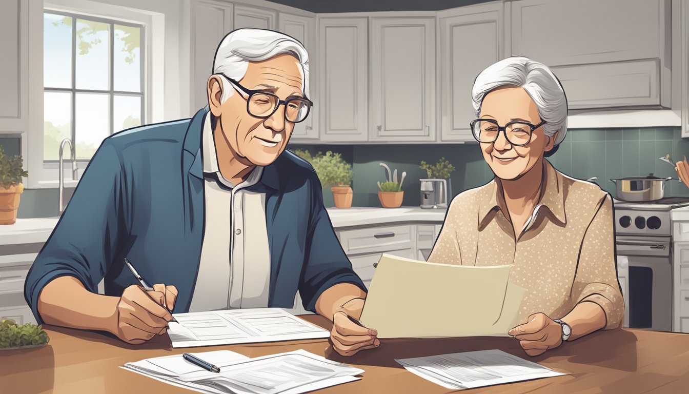 A senior couple sits at a kitchen table, reviewing paperwork with a representative. A brochure for "burial insurance" is visible on the table