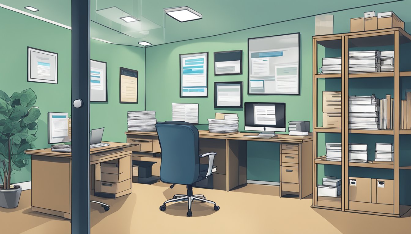 A domain registrar's office with paperwork and computer screens showing ownership transfer process for domain names and websites after the owner's death