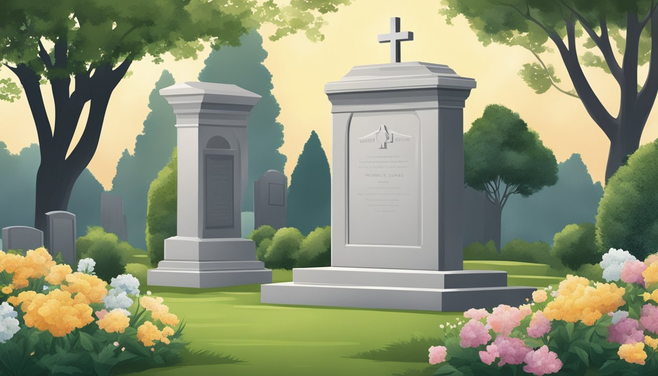 A serene cemetery with a funeral insurance logo on a headstone. A peaceful scene with trees and flowers, symbolizing comprehensive insurance strategies