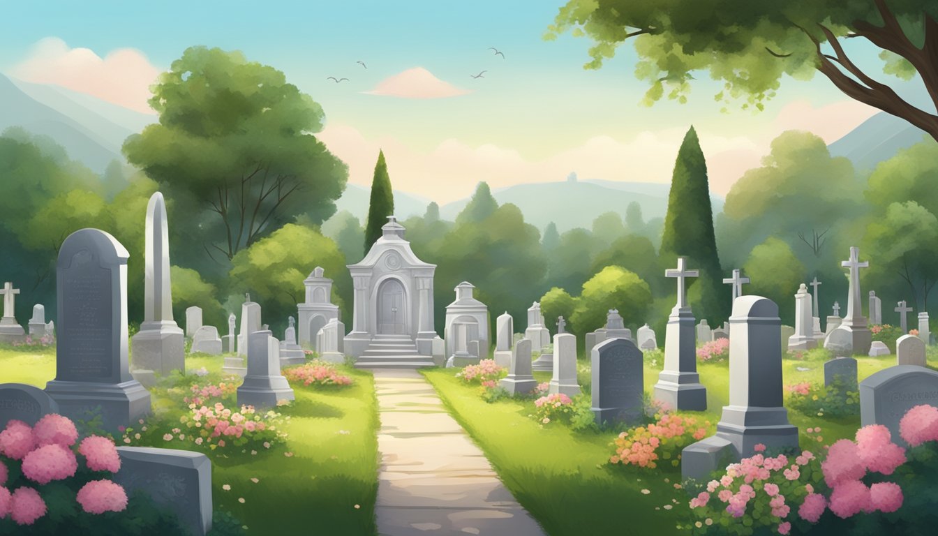 A serene cemetery with a peaceful atmosphere, surrounded by lush greenery and adorned with elegant headstones and flowers