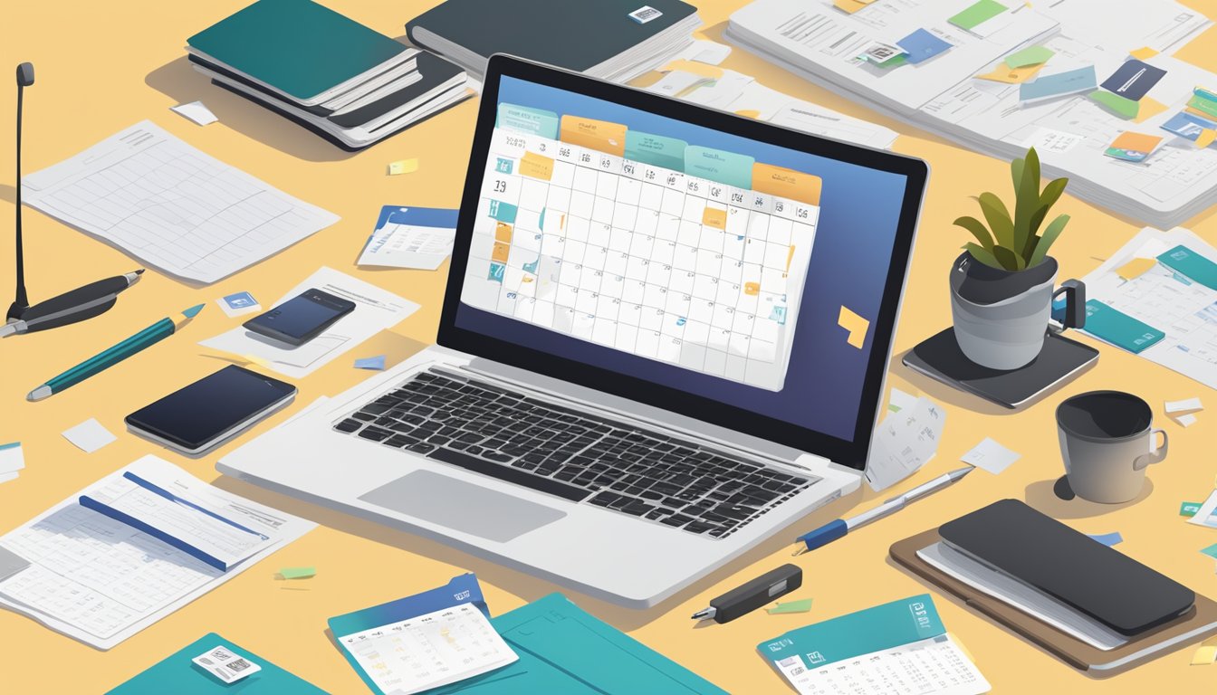 A desk with scattered paperwork, a laptop, and a stack of membership cards. A calendar with dates circled and a phone with notifications