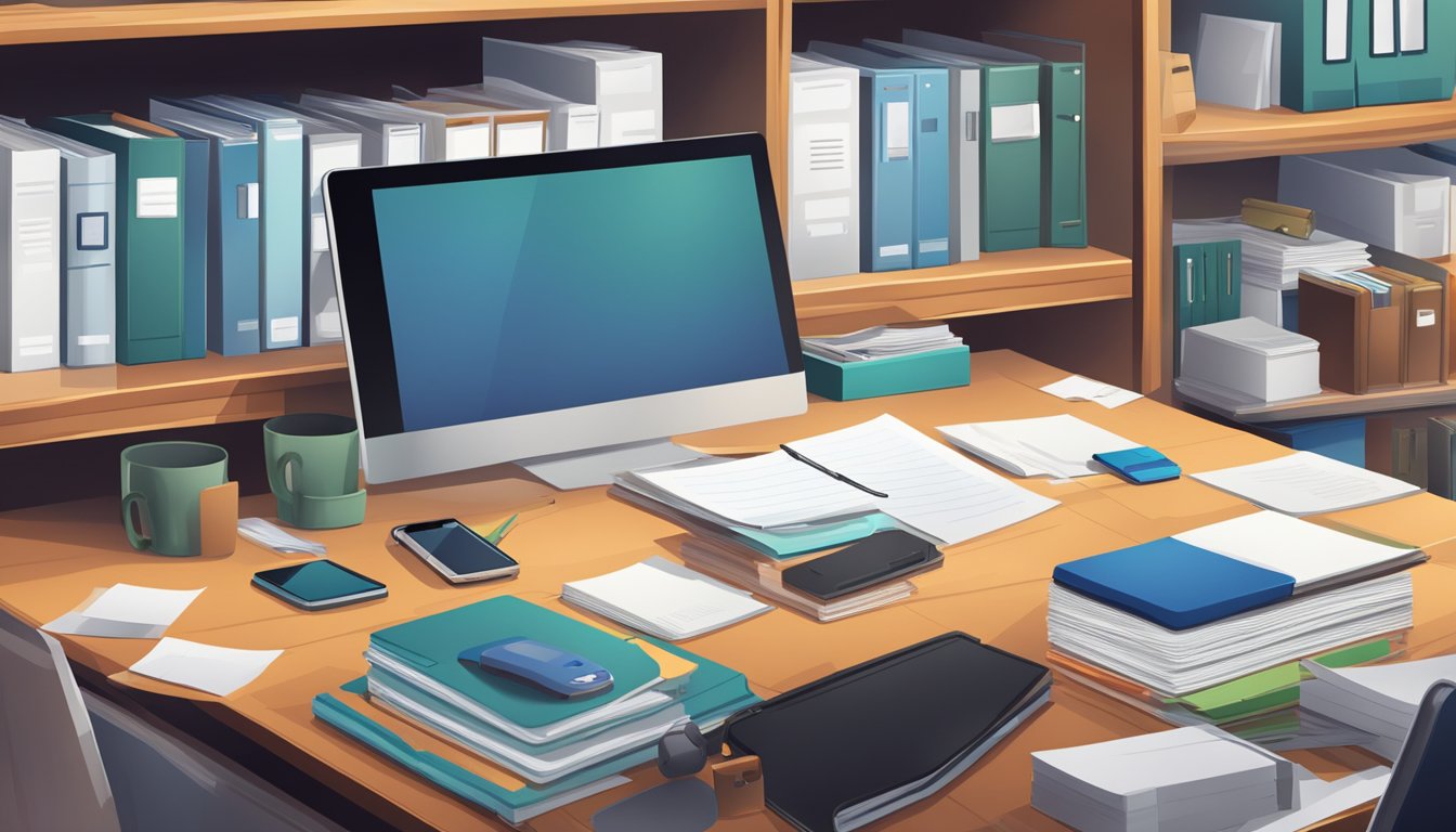 A table with a stack of papers, a phone, and a computer, surrounded by shelves of binders and files