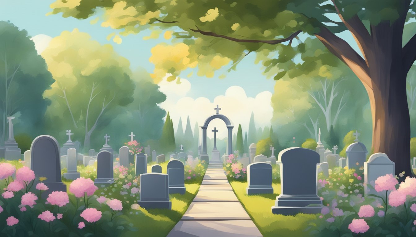 A serene cemetery with gravestones and a peaceful atmosphere, surrounded by trees and flowers, with a subtle hint of sadness and reflection