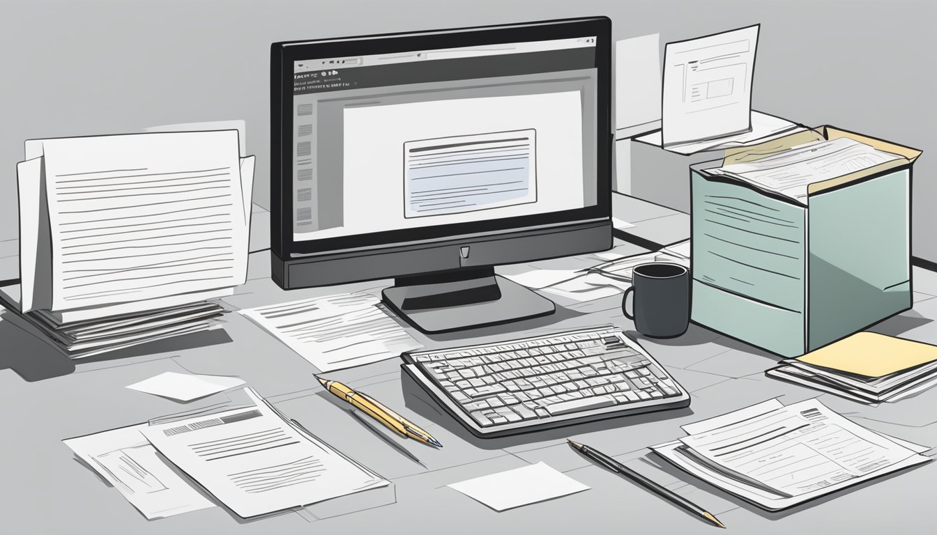 A desk cluttered with paperwork and a computer screen displaying a membership renewal form. A stack of envelopes marked "final notice" sits nearby