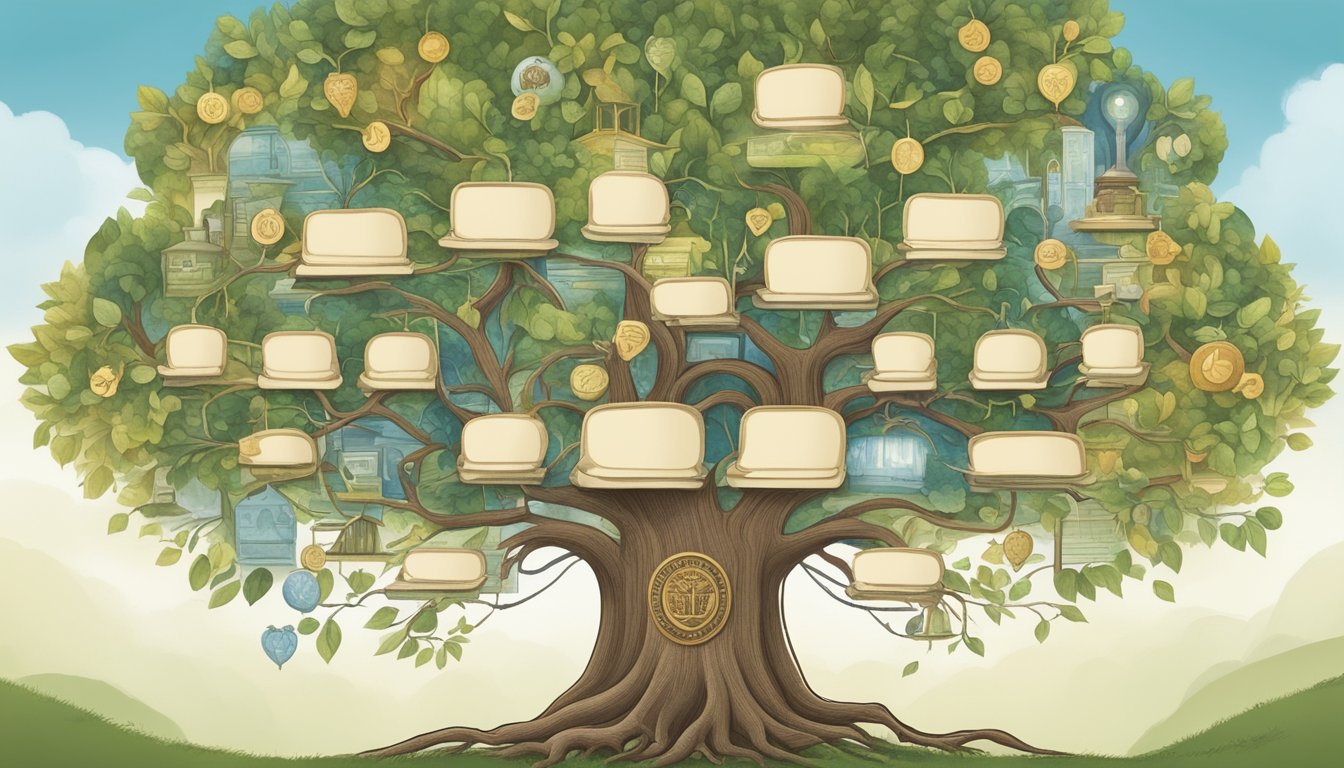 A family tree with roots representing ongoing charitable commitments, surrounded by symbols of legacy and philanthropy