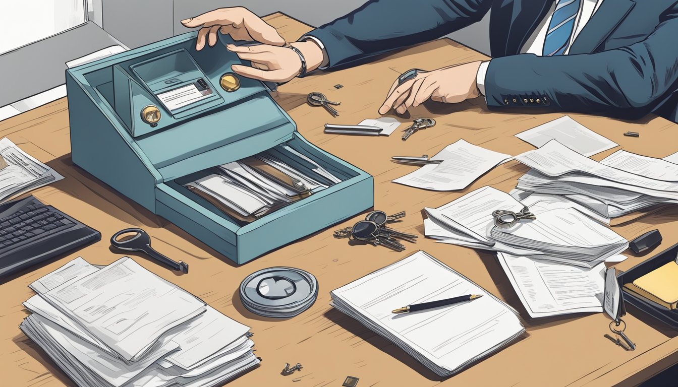 A hand reaching for a safe, with documents and keys scattered on a desk. A sense of urgency and importance in the air