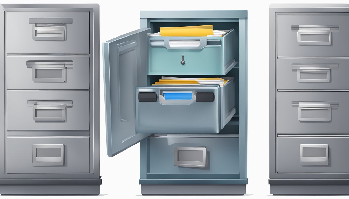 A locked filing cabinet with important documents, a shredder for sensitive papers, and a secure safe for valuables