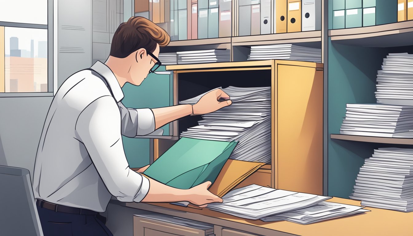 A person placing important documents into a secure file cabinet, surrounded by financial papers and bills