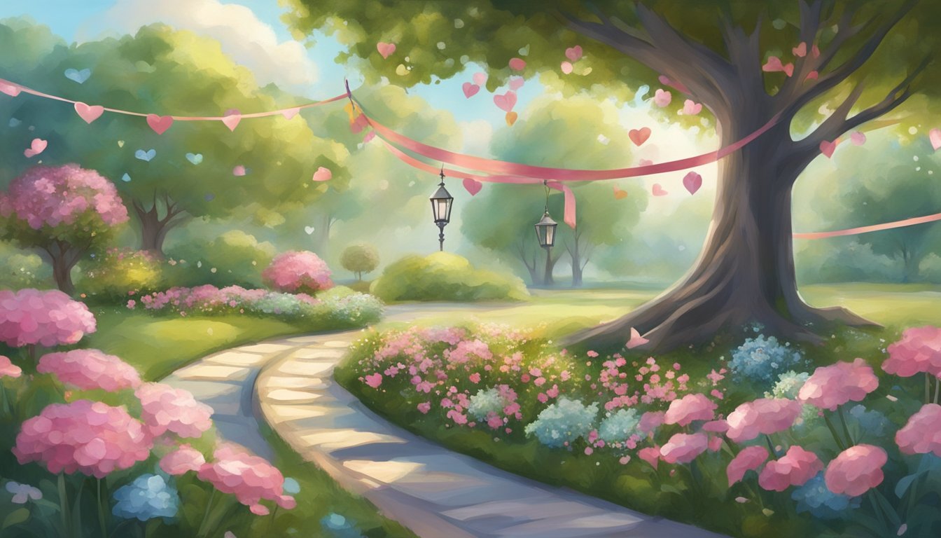 A serene garden with a tree adorned with ribbons and small tokens of love, surrounded by a peaceful atmosphere of giving and hope