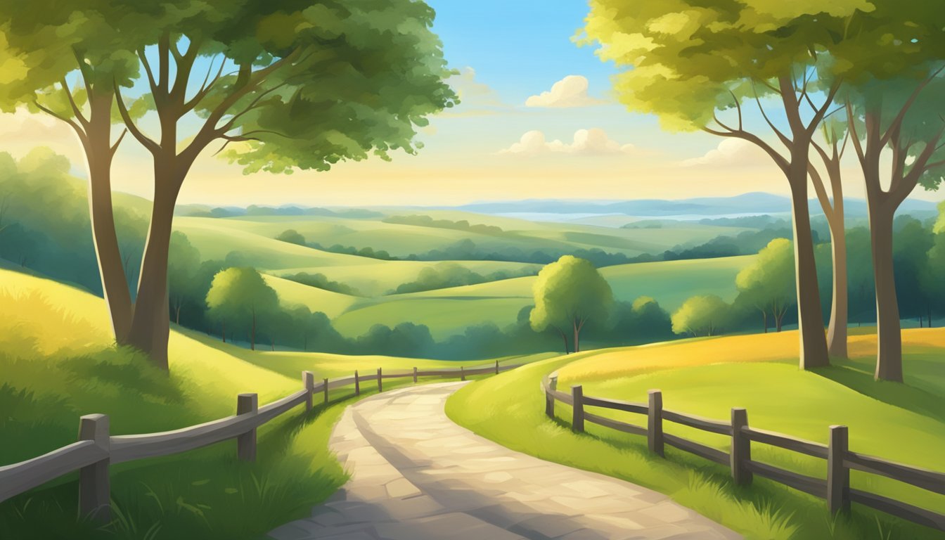 A serene countryside landscape with a winding path leading to a peaceful, sunlit clearing surrounded by trees