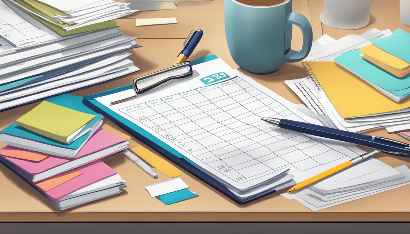 A stack of papers and folders organized on a desk, with a calendar and pen nearby, representing the ongoing management of charitable commitments after a loved one's passing