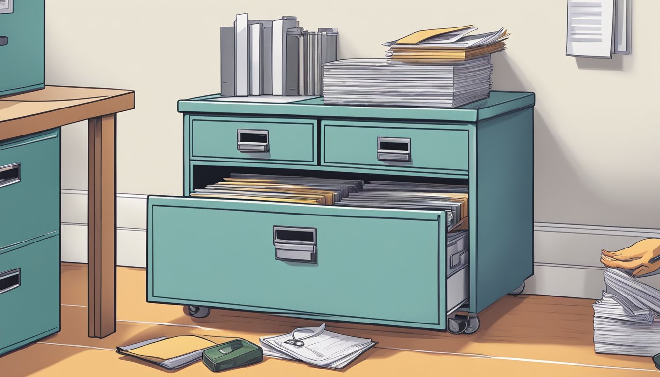 A hand placing a lock on a filing cabinet filled with important documents, while a maintenance worker sweeps the floor nearby