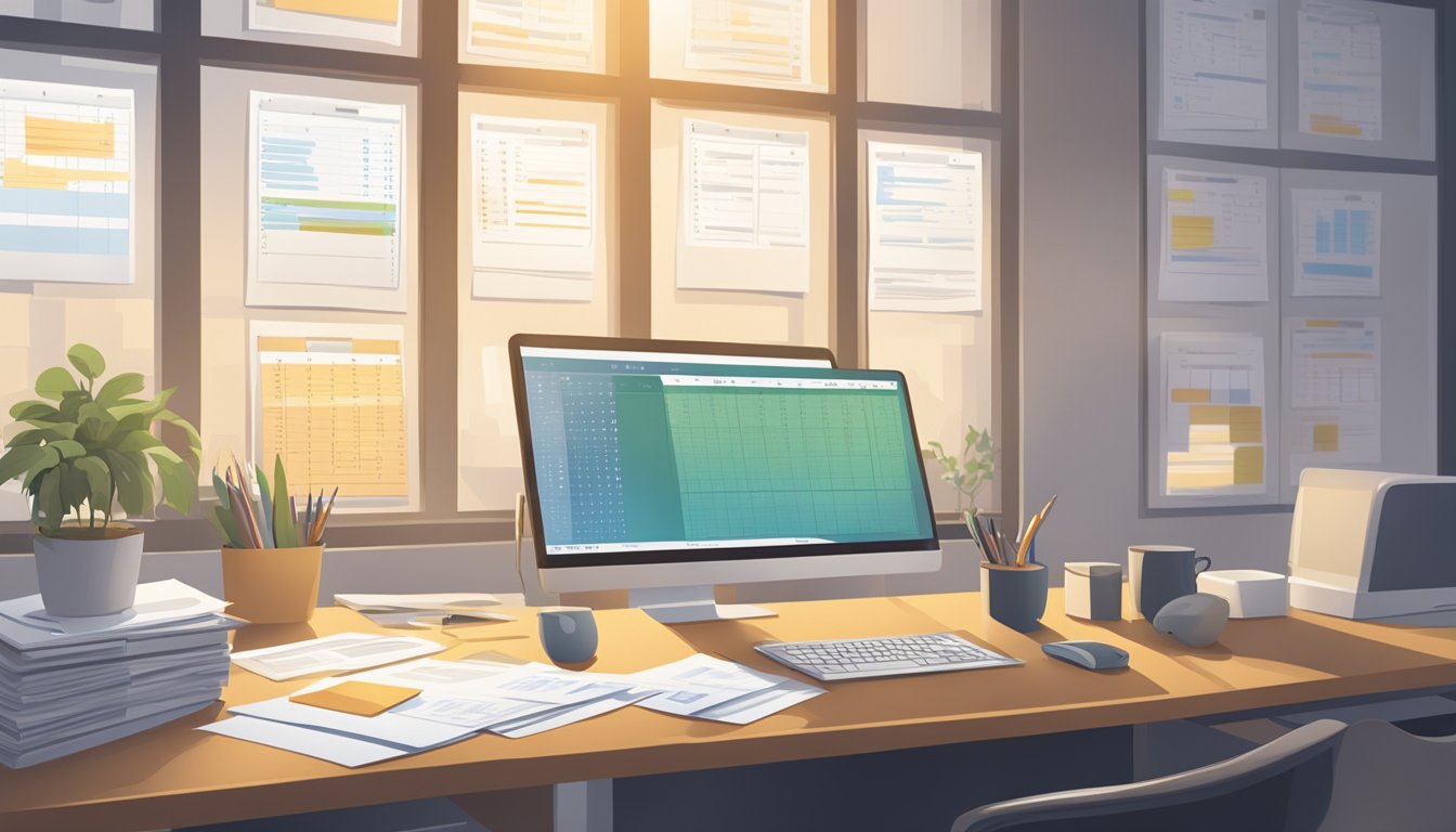 A serene, sunlit office with a desk covered in paperwork and a computer displaying financial spreadsheets. A calendar on the wall marks important dates