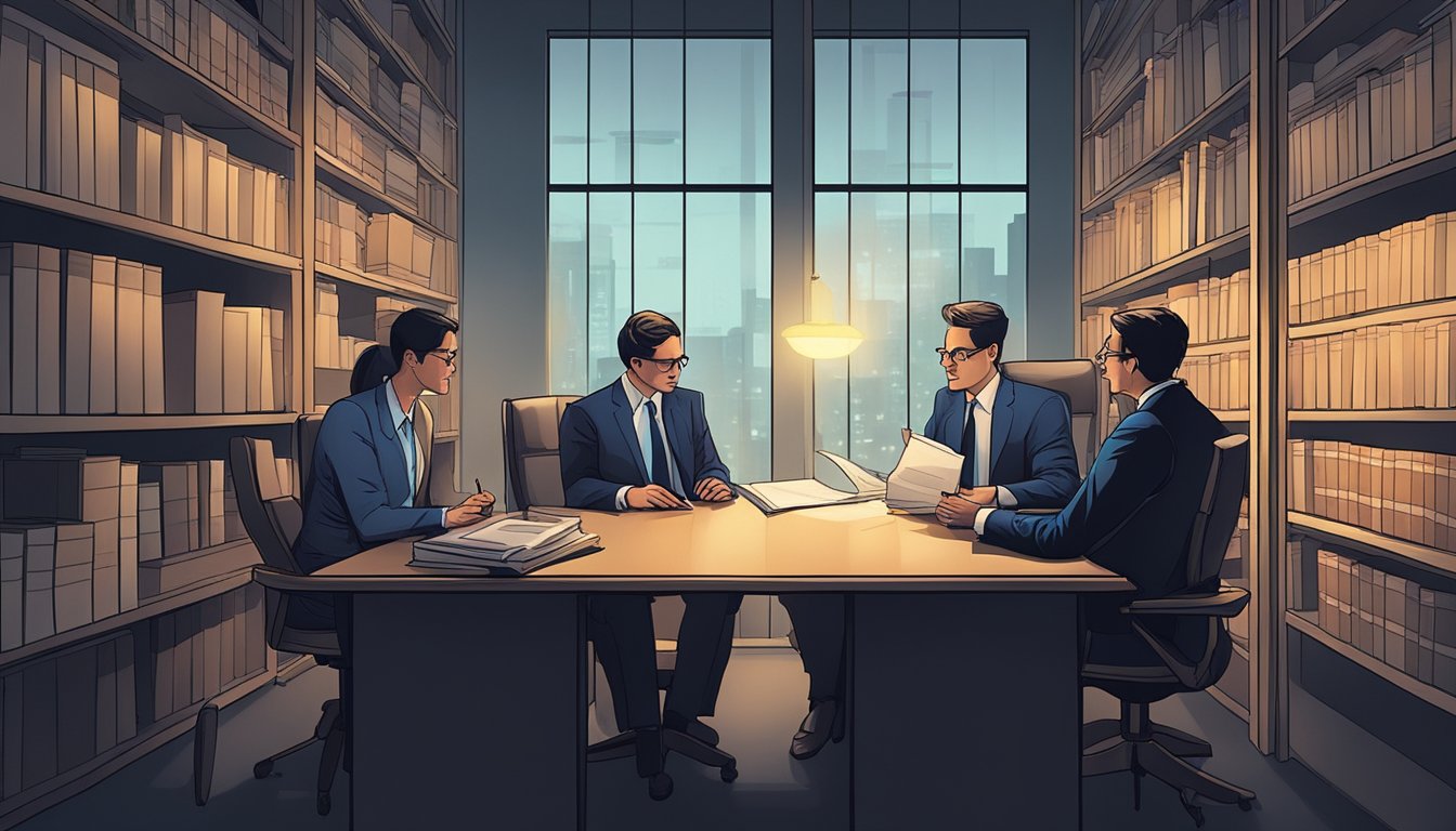 A group of lawyers discussing legal documents in a dimly lit office, with shelves of law books in the background