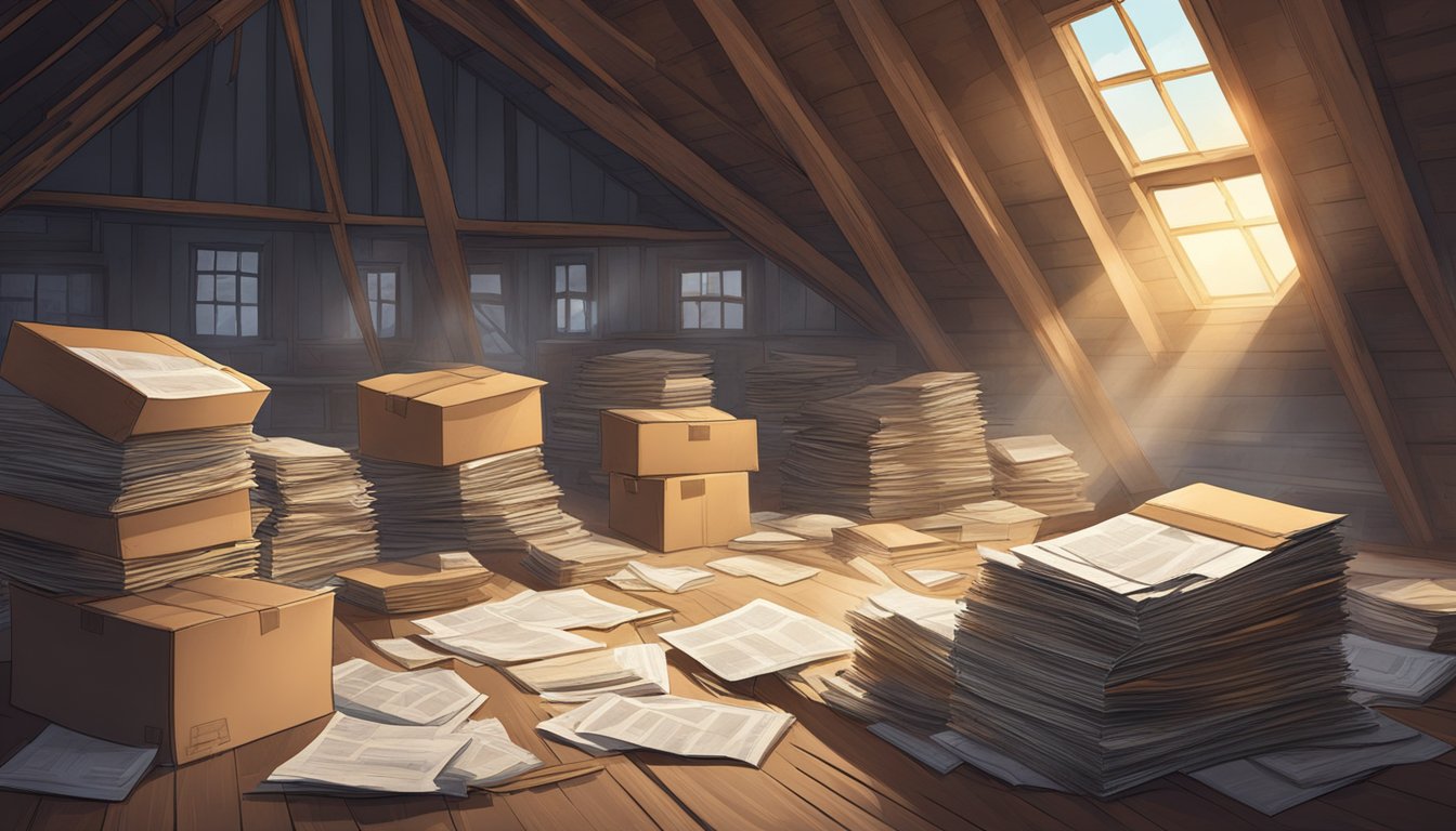 A dusty old attic filled with forgotten documents and boxes, a single ray of light illuminating a stack of unclaimed asset papers