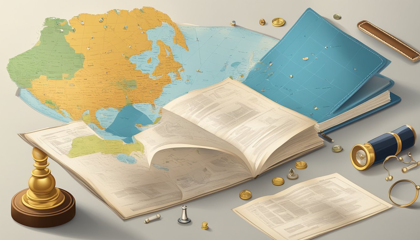 A table with legal documents, a world map with pins, and a family heirloom on display